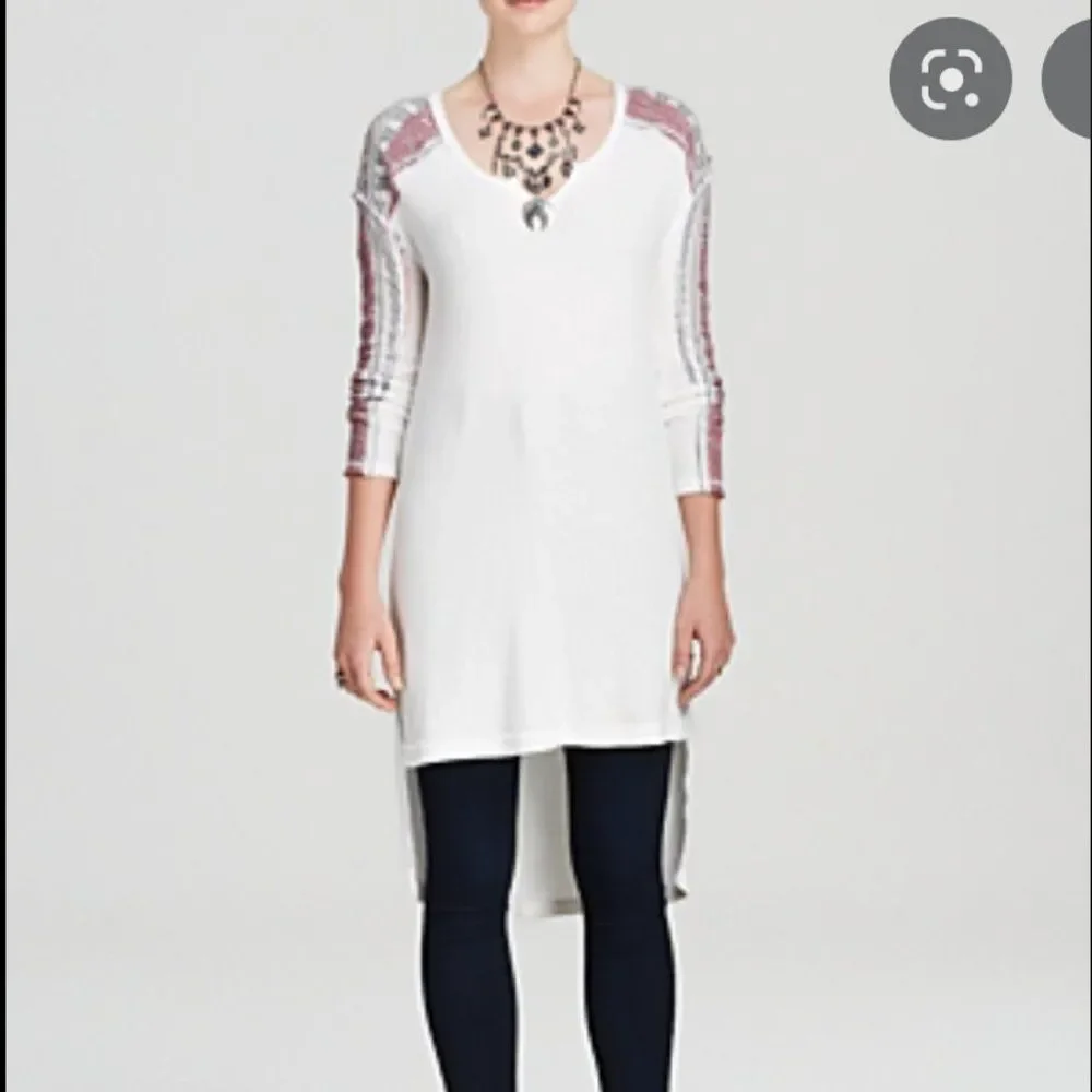FREE PEOPLE Raw Edge Striped Thermal Long Sleeve Hi Low Tunic Top Shirt Sweater